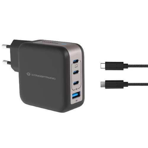 CONCEPTRONIC ALTHEA18B CARICABATTERIE DA RETE GaN PD 100 W 4 PORTE 3 x USB-C - 1x USB-A, QC 3.0 PPS CON CAVO USB-C MASCHIO-MASCHIO 1.5 MT INCLUSO NERO